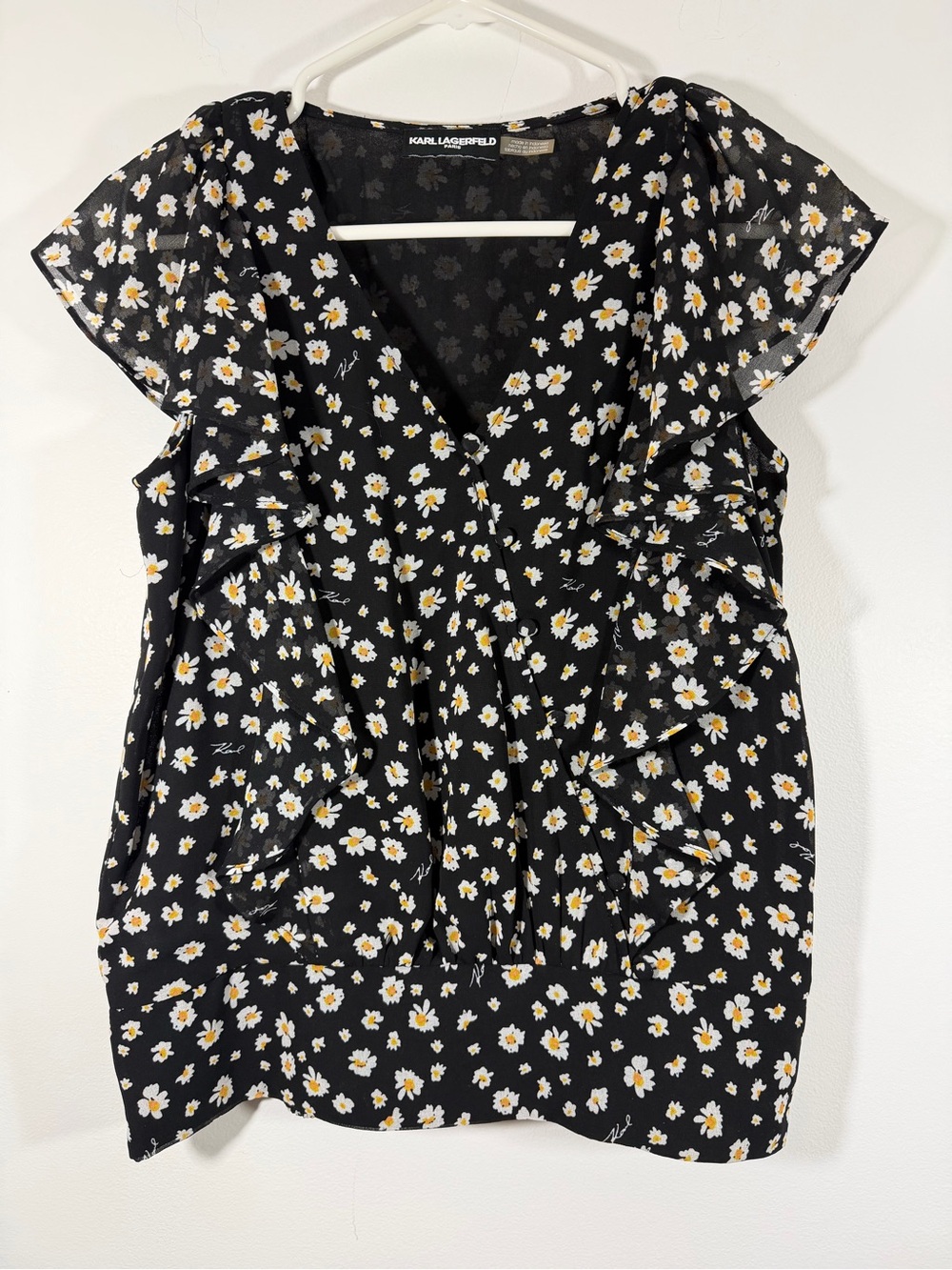 Karl Lagerfeld Paris Black Daisy-Print V-Neck Ruffle Women's Top